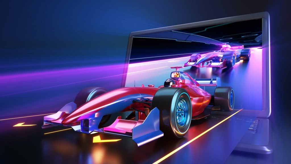 Racing car flying out of laptop screen